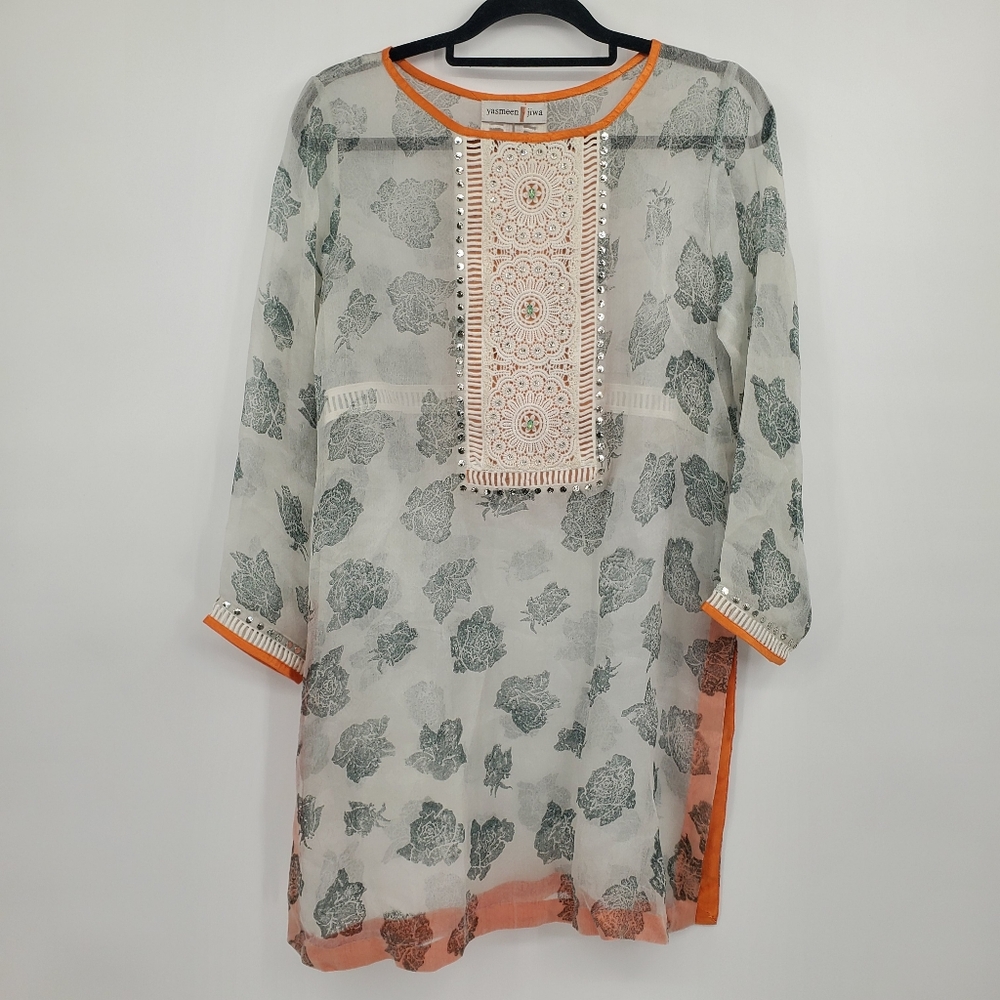 ♡ Yasmeen Jiwa Floral Sheer White Kurta Sequined with Orange Accents Size Medium
